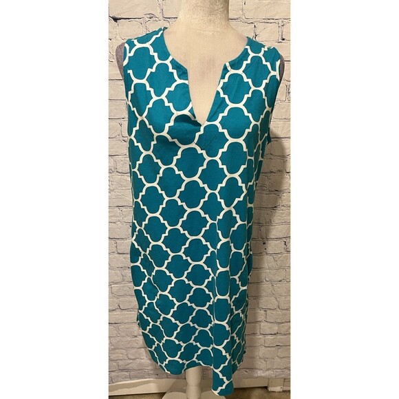 Lands' End Shift Dress Teal Geometric Pattern With Pockets V Neck Cotton Medium - Picture 1 of 6